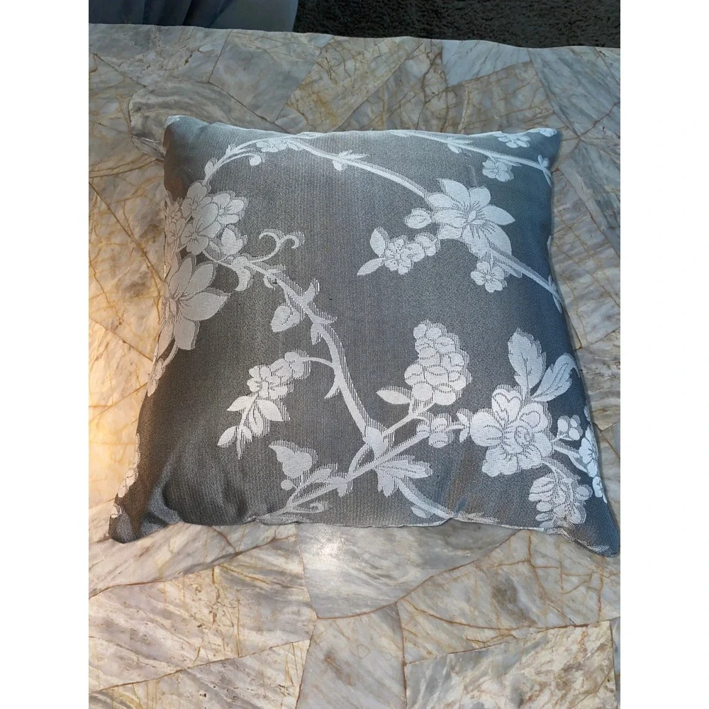 Grey White Floral Jacquard Square Decorative Throw Pillow 18x18 Accent